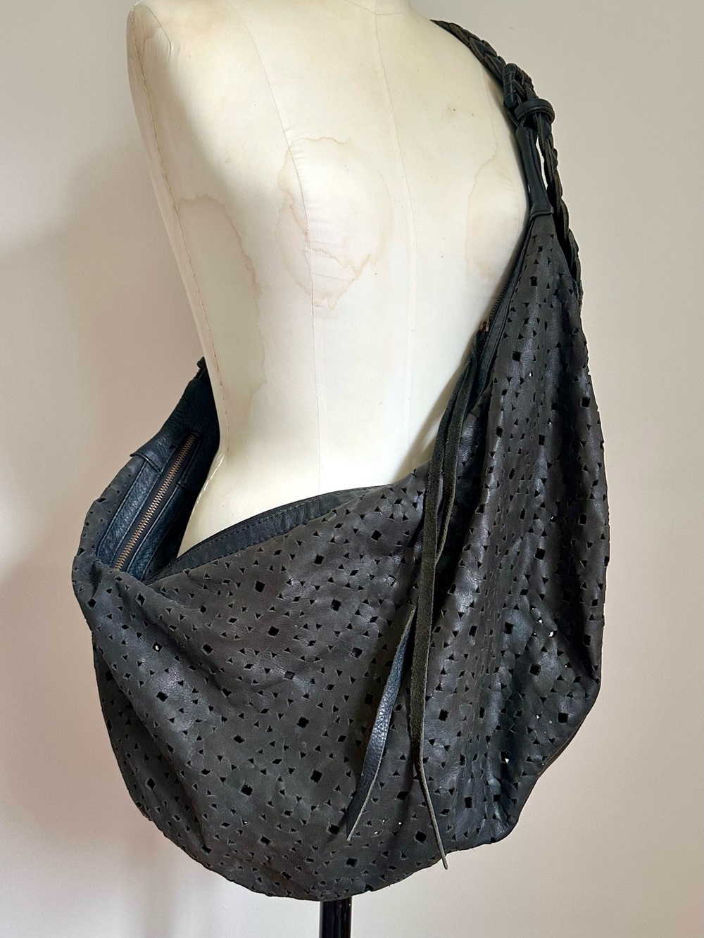 Cleobella Large Perforated Leather Sling Bag, Crossbody Grey Black Festival Boho